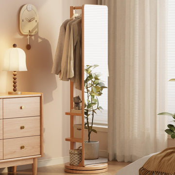 Full Length Mirror Coat Rack Solid Wood Floor Mirror 66"x12" Full Length Mirror with Stand Long Mirrors (Natural, 66"