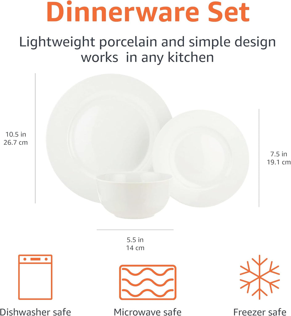 Porcelain Dinnerware Set, Microwave and Dishwasher Safe, Service for 6, 18-Piece, Plates, Bowls, White
