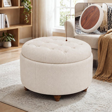 25" Round Ottoman with Storage, Small Coffee Table with Reversible Tray Lid | Tufted Fabric Round Storage Ottoman