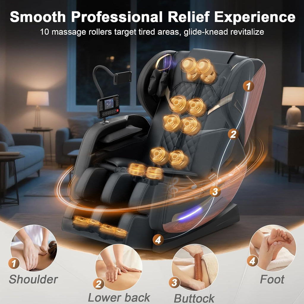 Massage Chair Full Body, 14 Fixed Rollers, Zero Gravity Recliner | Wood Grain Leather, Foot Massage, 5 Auto Modes, 8