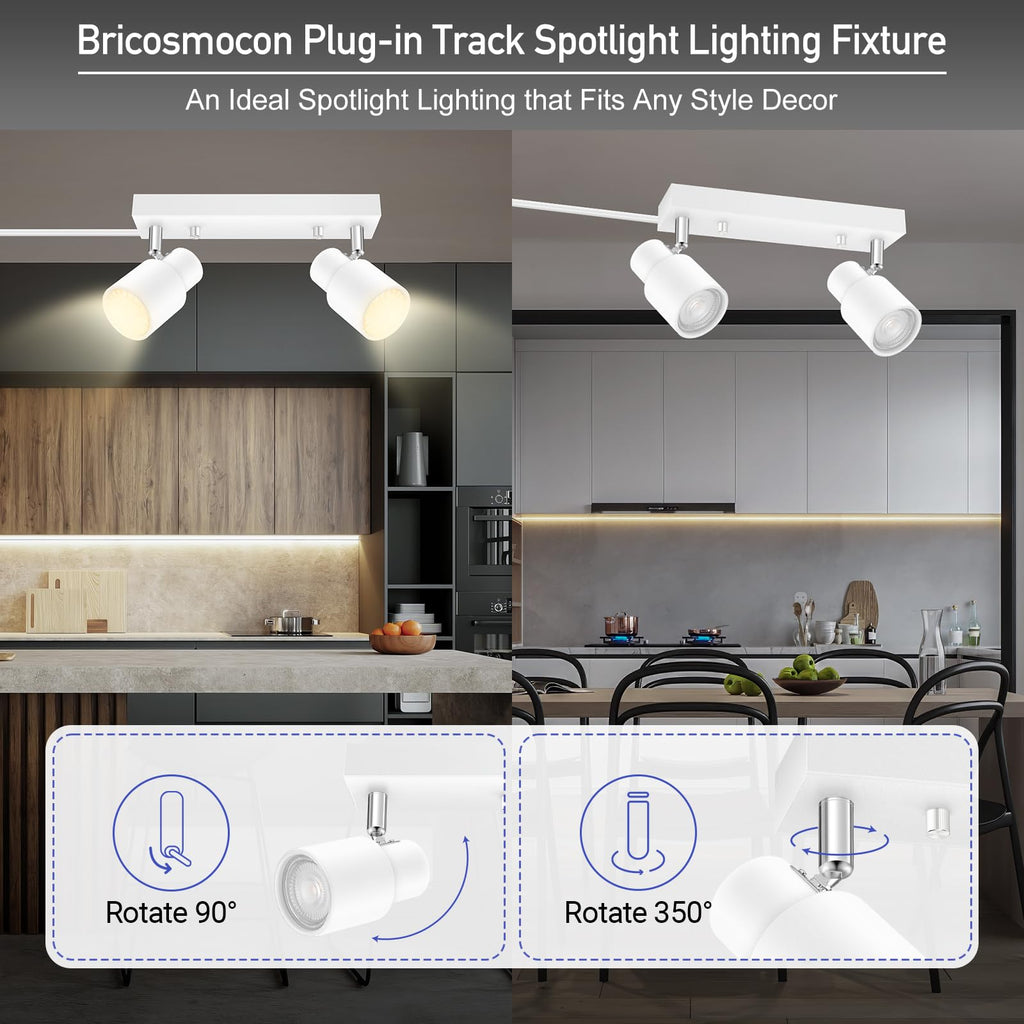 Plug in Track Lighting Fixtures Ceiling, White Track Light LED, 2-Light Track Lights with Cord, 2 Way Ceiling