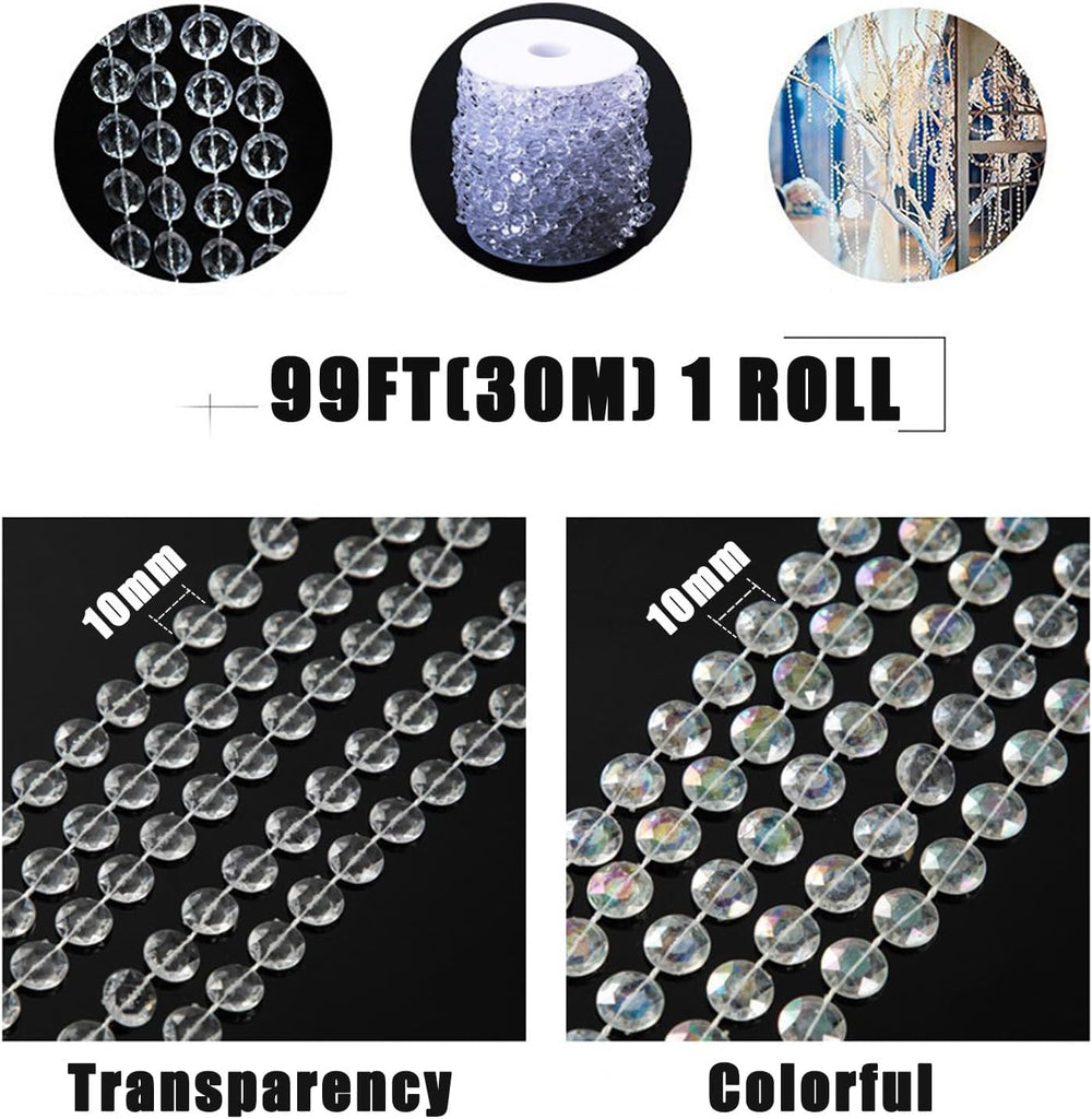 99ft Clear Bead Garland, Clear Acrylic Crystal Strand Roll for Christmas Tree, Hanging Ornaments, Holiday Home Décor