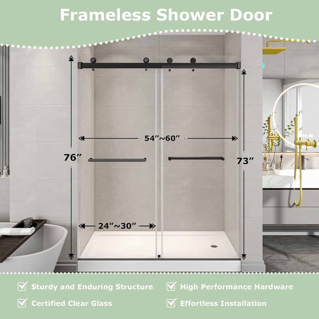 55"-60" W x 76" H Frameless Sliding Shower Door, Double Sliding Shower Door, 5/16"(8mm) Clear Tempered Glass