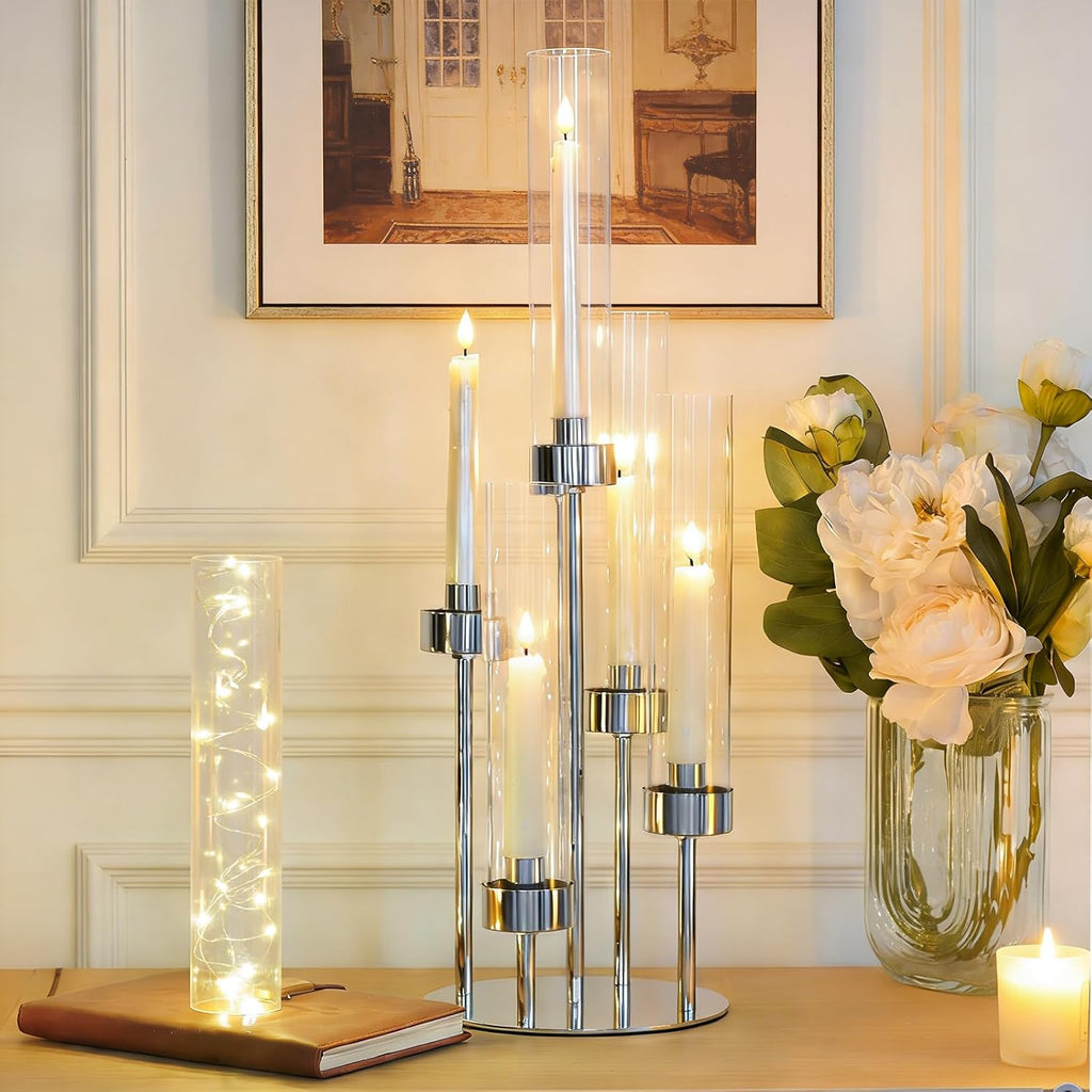 2 Pcs 5-Arm Silver Metal Table Candelabra Centerpiece, 22" Tall Clear Candlesticks Holder with Shade for Valentines
