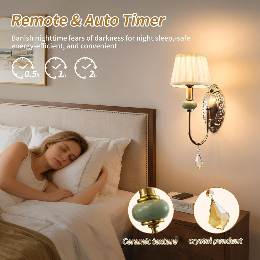 Wireless Battery Operated Antique Brass Wall Sconces Set of 2, 10000mAh Rechargeable Gold Crystal Vintage Fabric