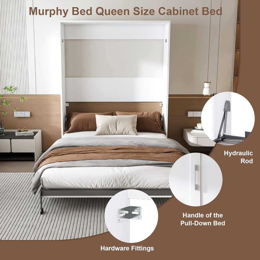 Queen Murphy Bed Chest, Space Saving Folding Cabinet Wall Bed Frame, Foldable Hideaway Cabinets Platform Beds Frames