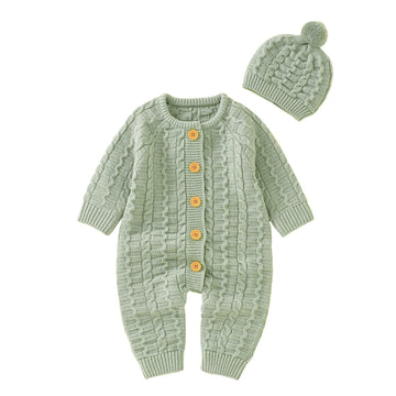 Baby Cable Knit Romper Set Front‐Button Jumpsuit with Pom‐Pom Beanie