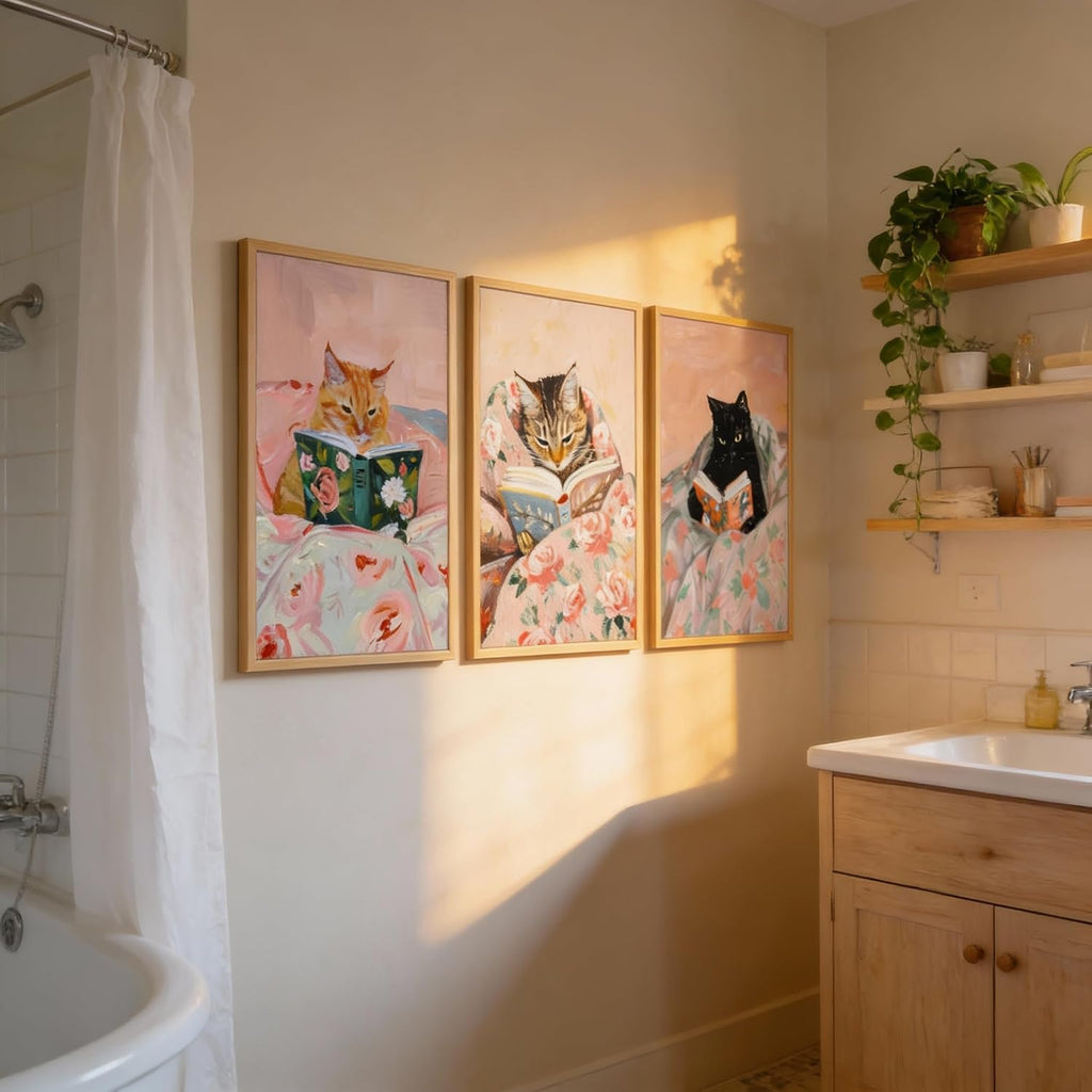 3Pcs Framed Vintage Cat Canvas Wall Art, Pink | Funny Animal Reading Books Pictures, Cute Kitten Lovers
