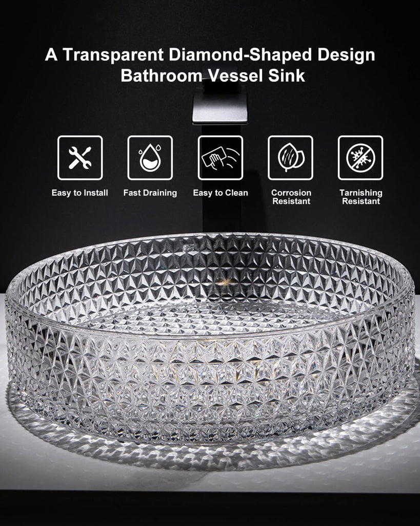 Bathroom Vessel Sink Round Vessel Sink 15.35" x 4.33" Transparent Diamond Shaped Crystal Glass Bathroom Sink