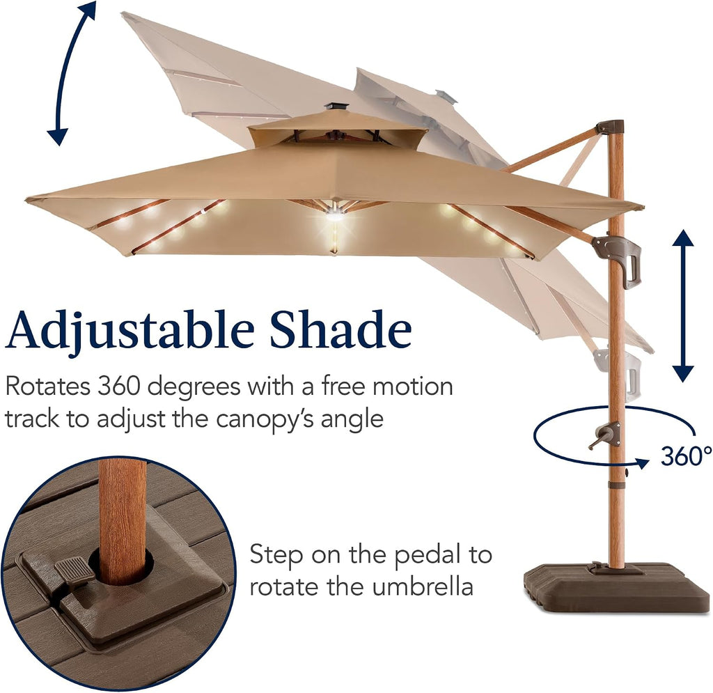 10ft Square Cantilever Patio Umbrella w/Base Included, Woodgrain Pattern Pole & Solar LED Lights, 360-Rotation