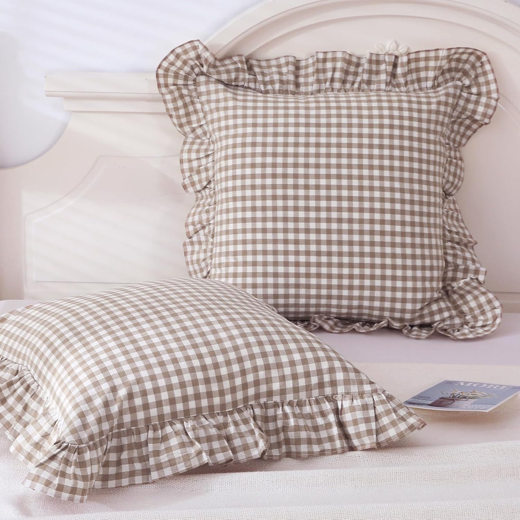 Taupe/White Plaid Euro Pillow Shams Ruffle Pillowcases Set of 2,Shabby Checkered Washed Cotton Pillow Covers-26