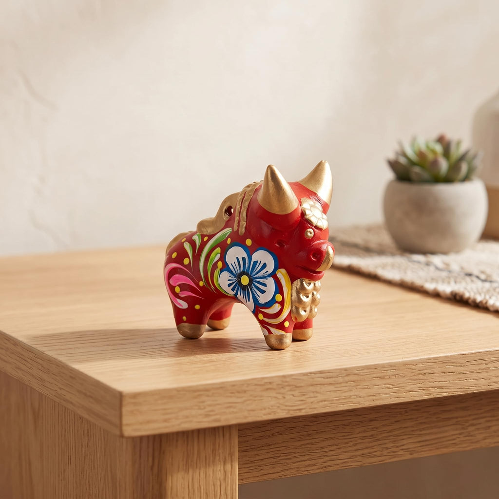 Artisan Handmade Ceramic Figurine Painted Pucar Bull Sculpture from Peru Metallic Red [2in H x 2.4in W x 1.2in D] '