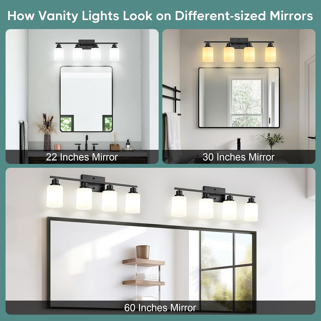 Bathroom Light Fixtures, 4-Light Vanity Light Over Mirror, Matte Black Wall Sconces with Milky White Frosted Glass