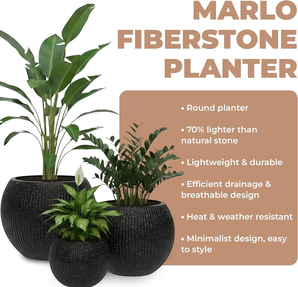 Marlo Fiberstone Round Planter, Ribbed Finishes (L, Black) | Lightweight, UV & Crack Resistant, Modern Minimalist