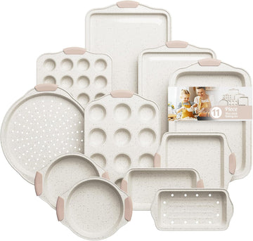 11-Piece Pans Set Nonstick, Stackable Bakeware Set, White&Khaki | Toxin-Free Pans Set with Silicone Handles, Includes