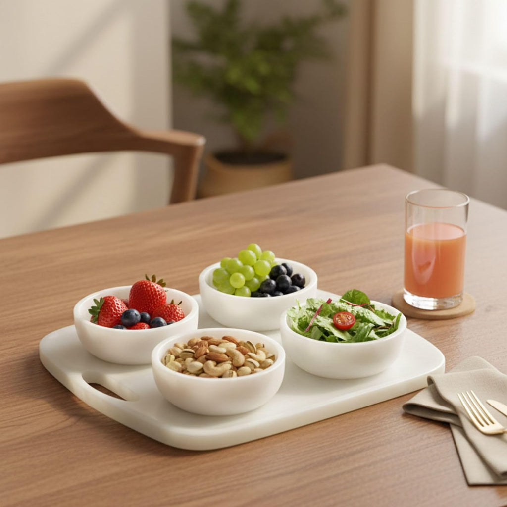 White Chip and Dip Tray, 5pc Serving Platter with Bowls - Modern Decorative Serving Tray and Snack Organizer Tray for