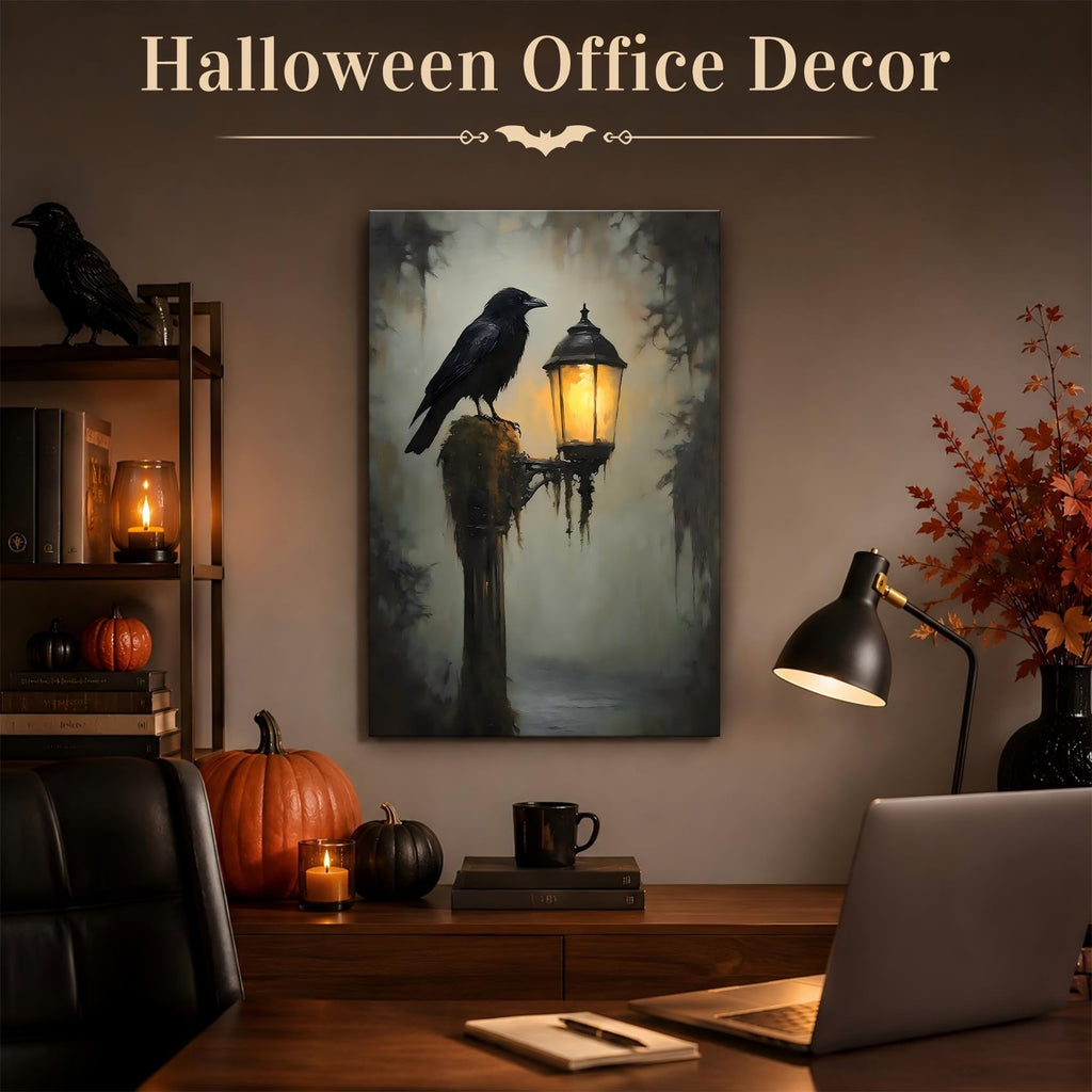 Framed Halloween Raven Canvas Wall Art Gothic Bird with Lantern Artwork, Vintage Dark Canvas Prints Wall Decor