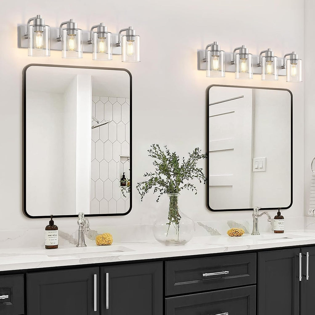 Brushed Nickel Bathroom Light Fixtures, Wall Mounted 4-Light Bathroom Lights Over Mirror with Clear Glass Shade,Wall