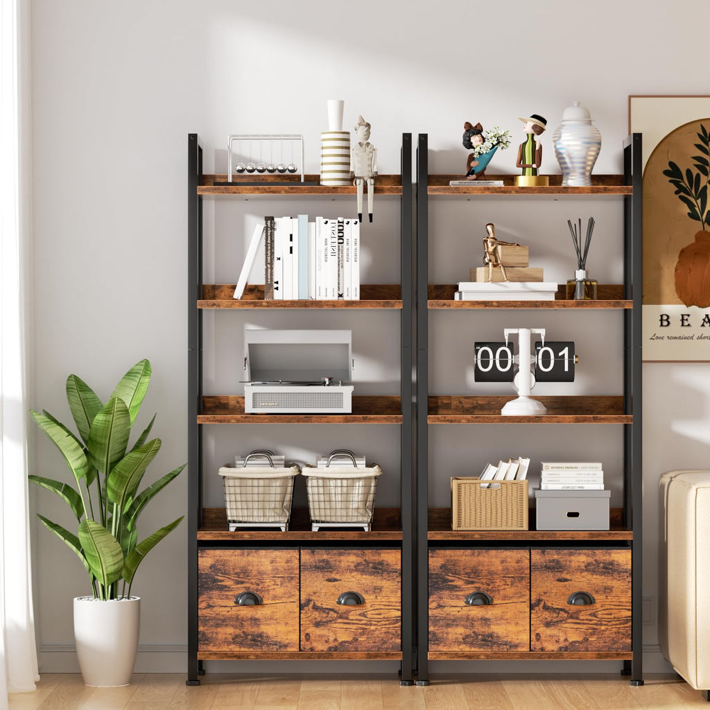 5-Tier Bookshelf, Tall Bookcase with Fabric Drawers, Rustic Brown