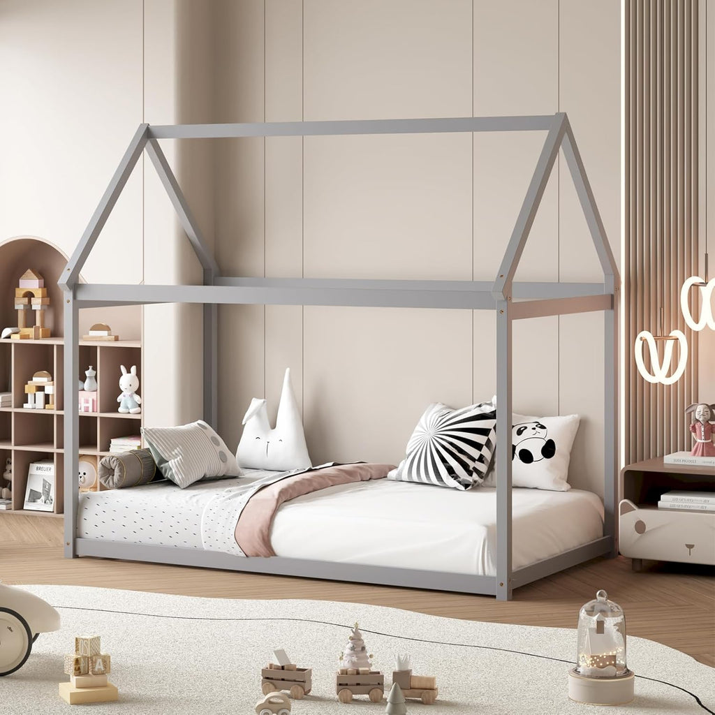 Tw Bed, Wood Montessori Bed Frame with House Roof Canopy, Low Floor Bed with Sturdy Wood Slat Support, No Box Spring
