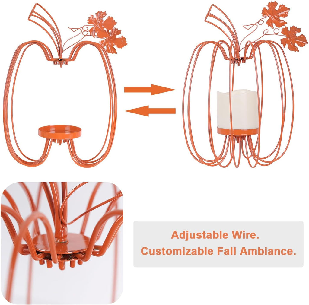 Thanksgiving Decorations,Fall Pumpkin Lanterns Decorative Indoor & Outdoor,Orange Wrought Iron Pumpkin Shape Tealight