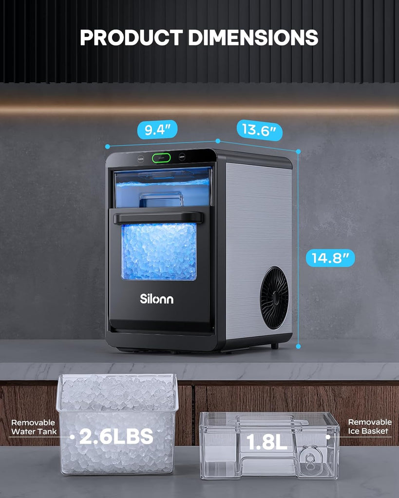 Nugget Ice Maker Countertop, Crushed Ice Maker & Pebble Ice Machine Produces 44lbs/24h with Front Pull-Out Water Tank