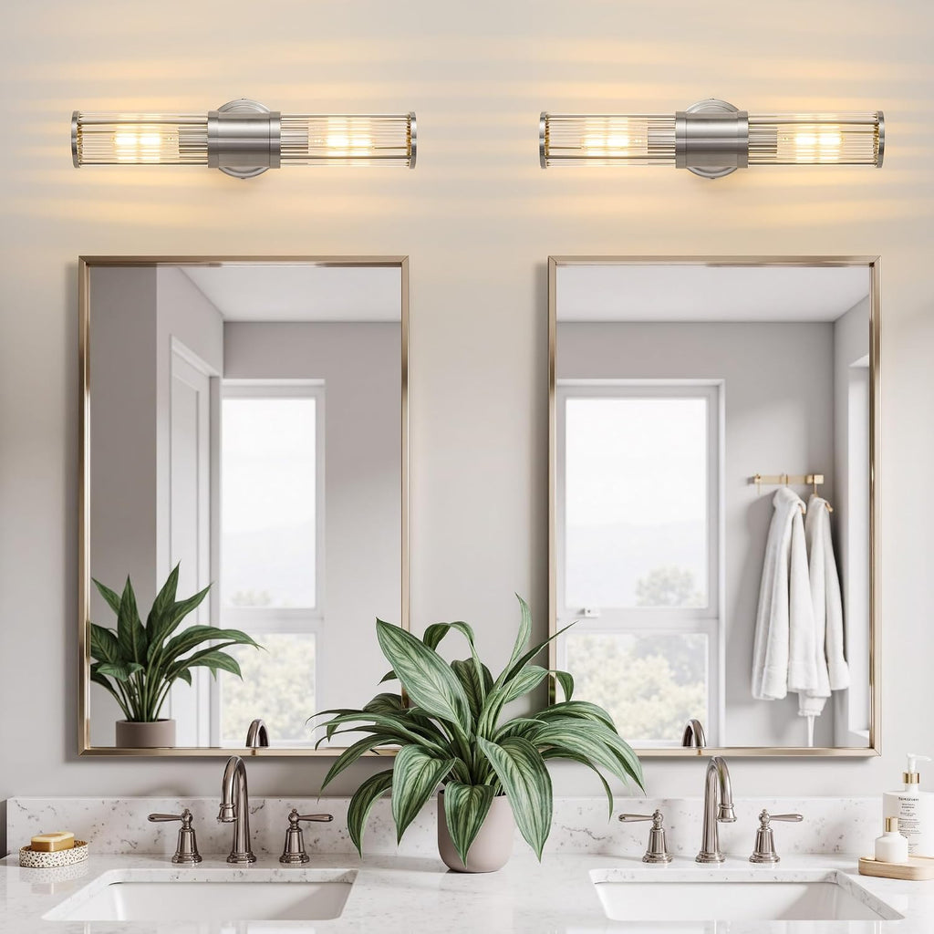 Hardwired Nickel Bathroom Vanity Light Glass Rod Wall Sconce | Up & Down Bidirectional Lighting, Damp Rated s