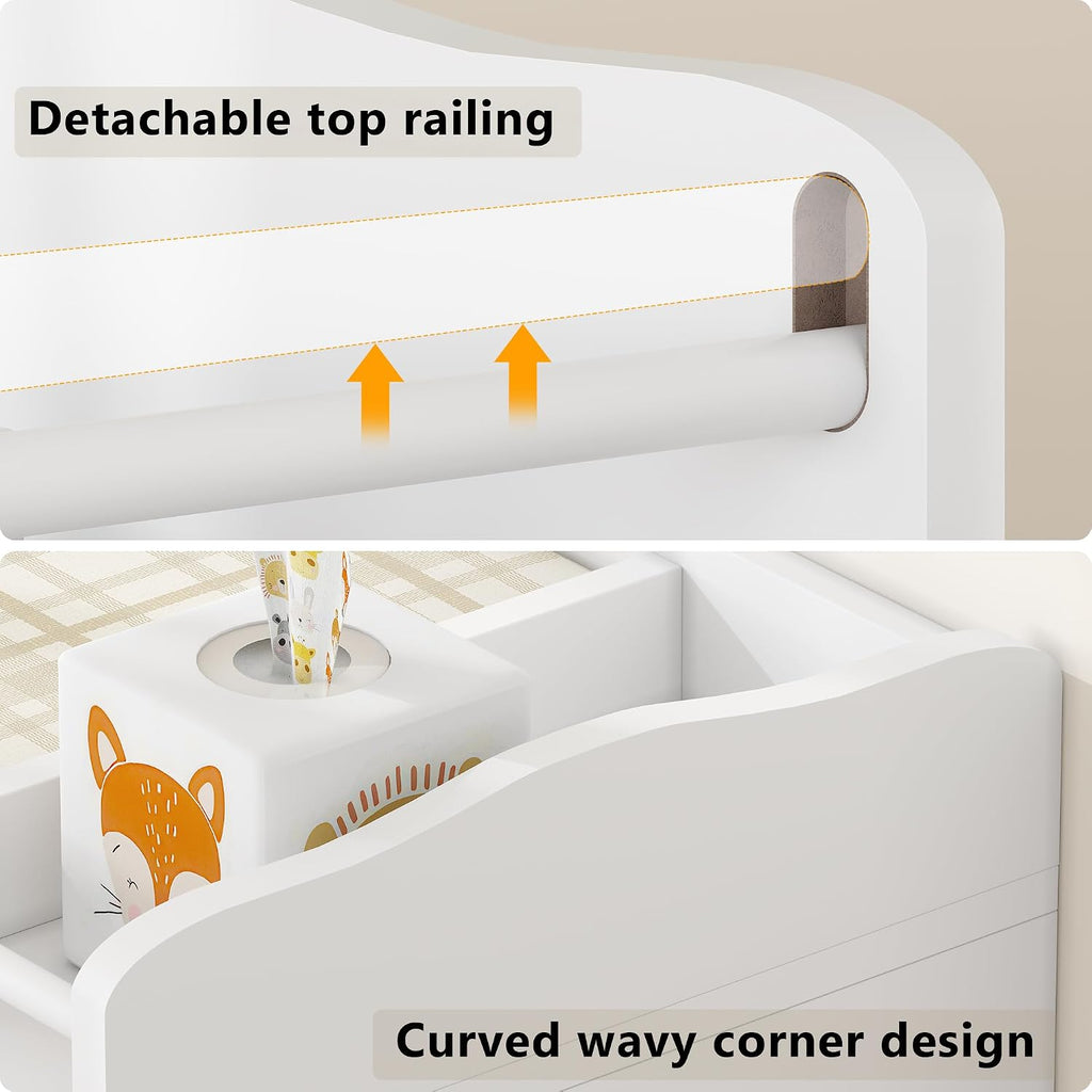 Baby Changing Table with 4 Drawers & 2 Open Shelves, Multi-Functional Nursery Changing Station with Storage, Pearl
