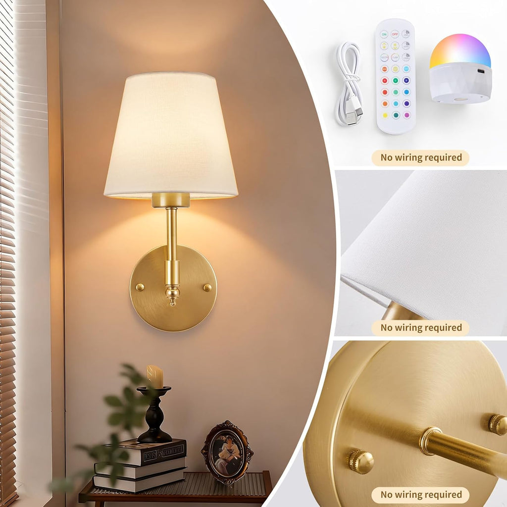 Battery Operated Wall Sconce Set of 2, Rechargeable Wireless Wall Lights with fabric Lampshade, 5200mAh Dimmable