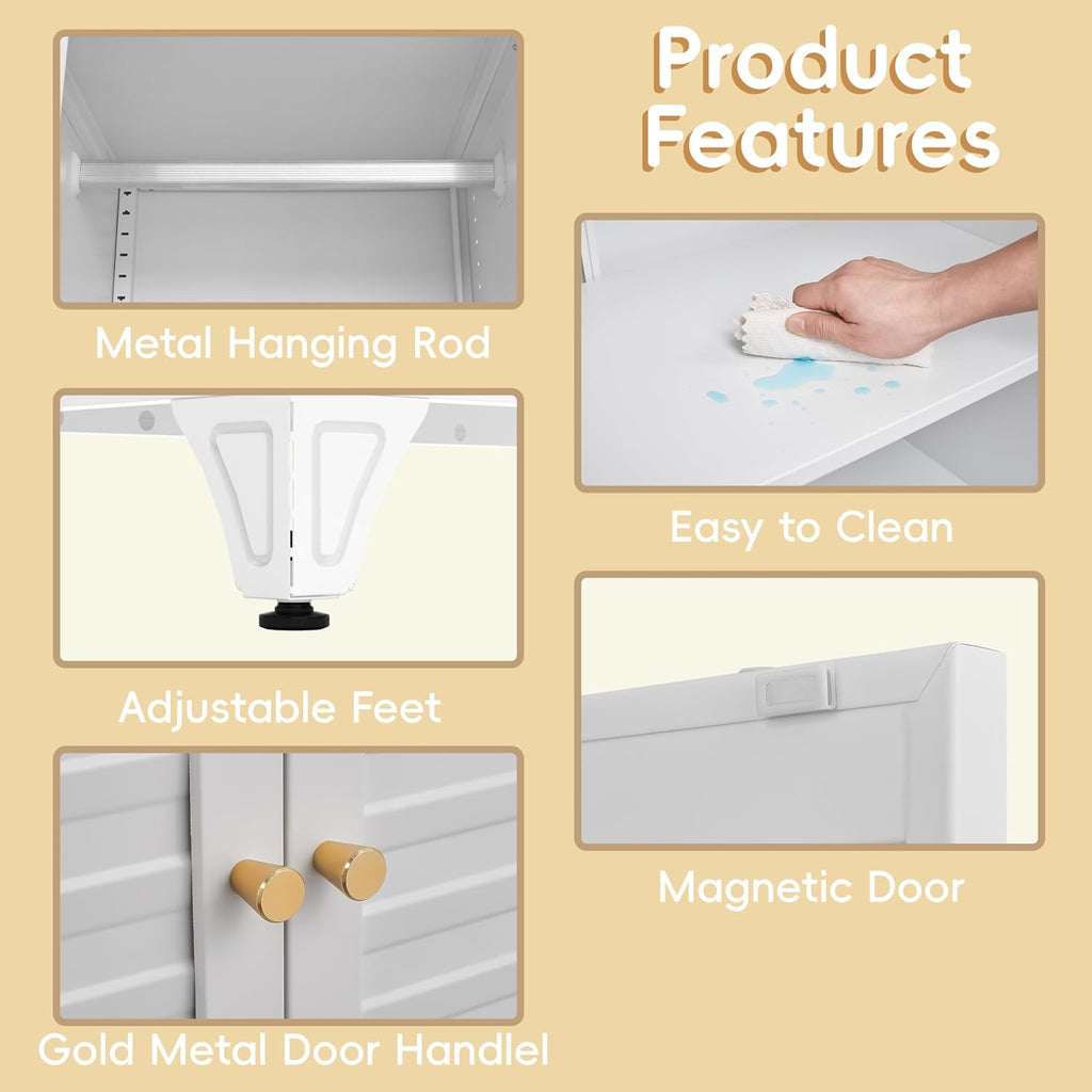 71"Armoire Wardrobe Close,White Wardrobe Cabinet with Hanging Rod | Metal Closet Cabinet with Doors and Adjustable