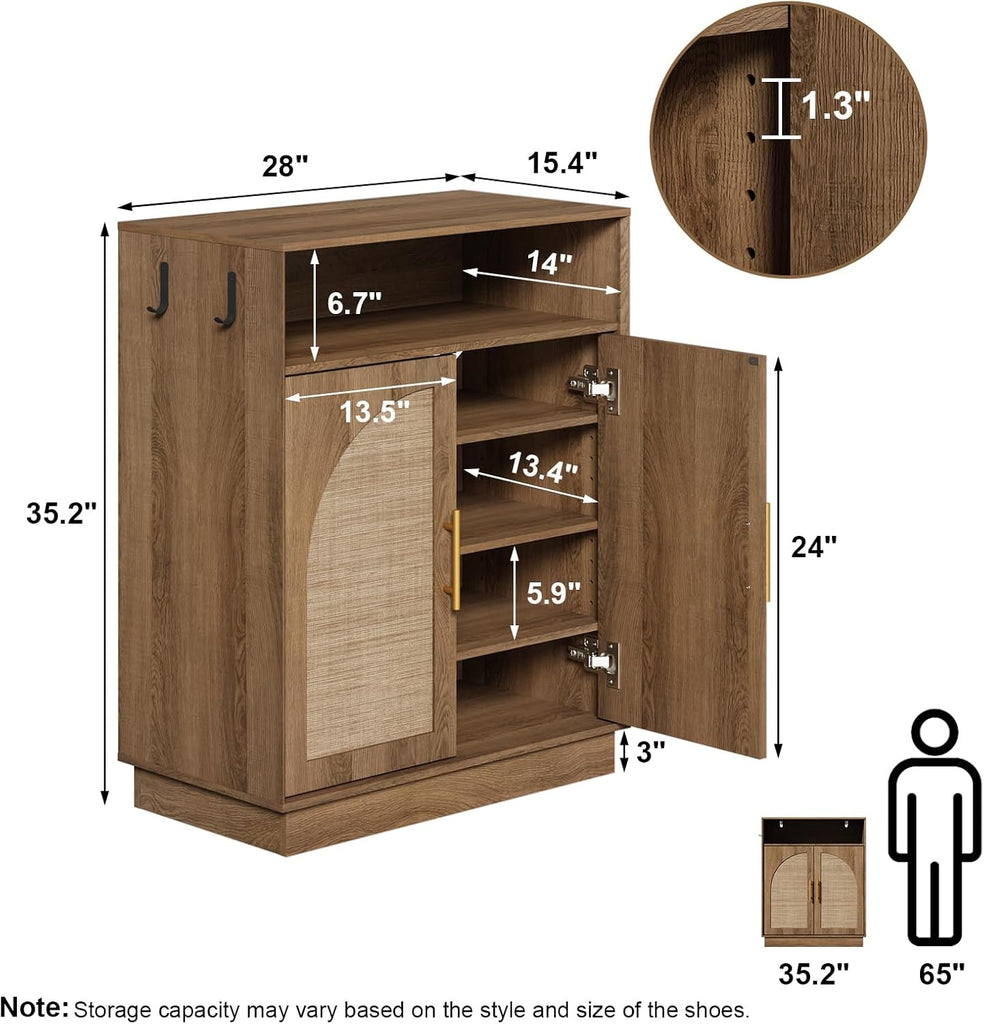 Rattan Shoe Storage Cabinet with 2 Arched Doors, 5-Tier Deep Shoe Organizer with Adjustable Shelves, Farmhouse Boho