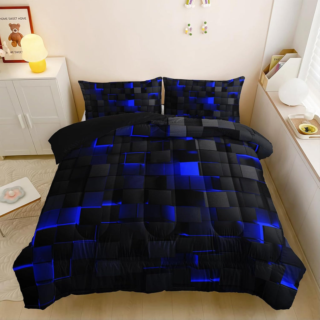 Neon Blue Black Comforter Set Twin Geometric Kids Bedding Set,3 PCS Geometry Honeycomb Bed Set Modern Quilt Set 1 - Set of 3