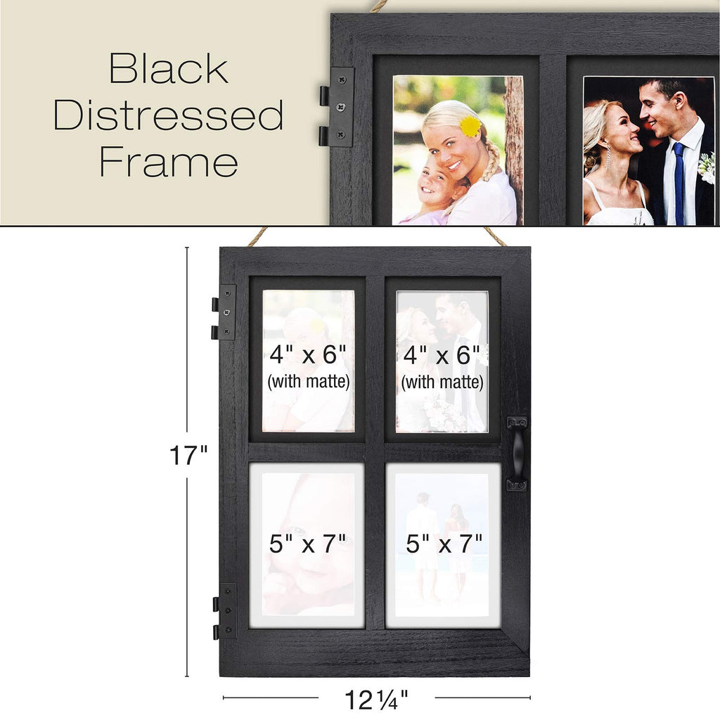 Vintage Farmhouse Window Photo Frame: Rustic Hanging Distressed Wood Collage Picture Frame. Holds Four 4x6 or 5x7