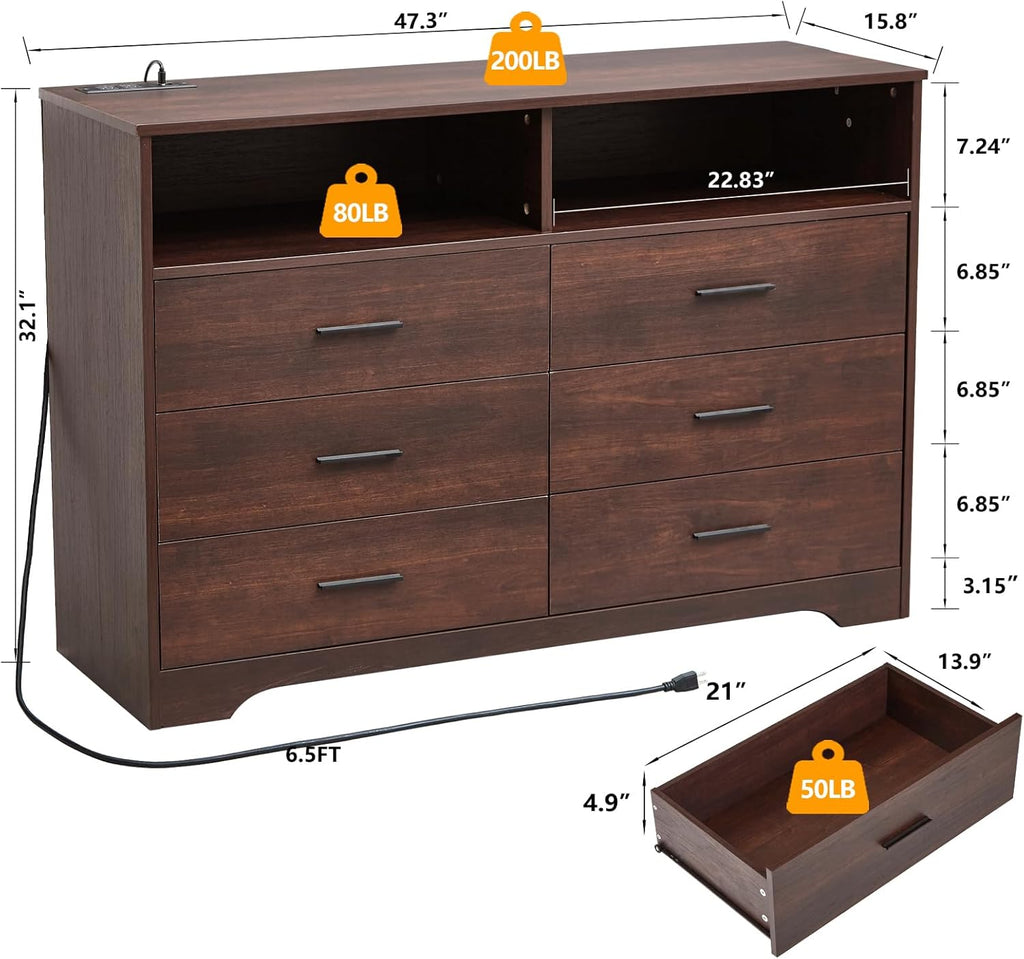 Cherry Wood Dresser , TV Stand with Charging Station & LED Light | 6 Drawer Dresser, Spacious Drawer Storage