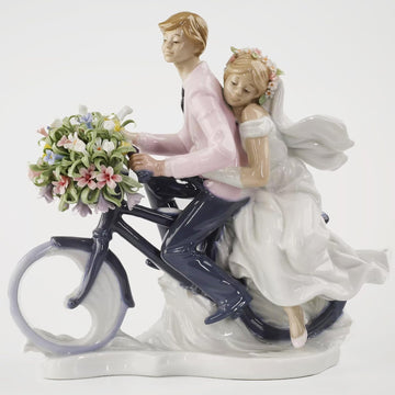 Porcelain Figurine, Lovers on Bicycle, Memorabilia, Wedding Gifts, Statue Home Decor (No Flower Base)