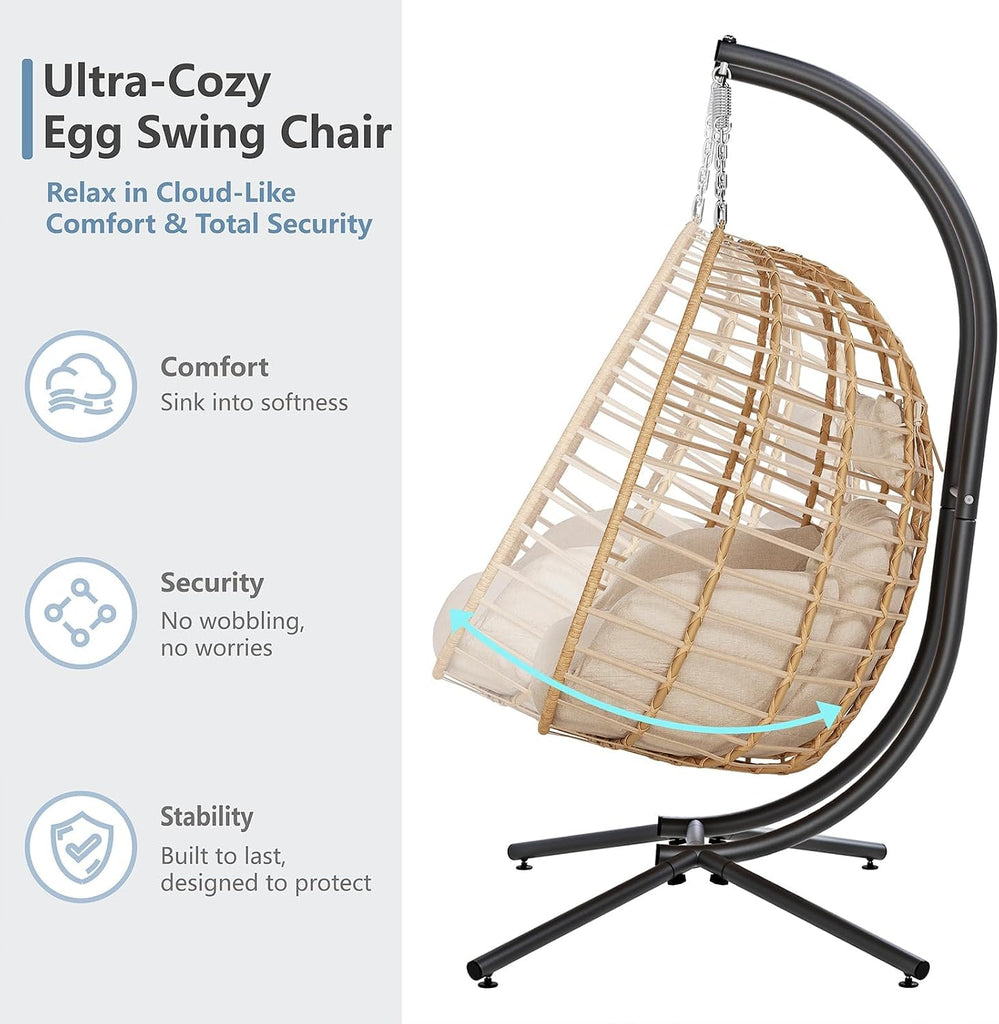Double Hanging Egg Chair with Stand, Outdoor Patio 2 Person Wicker Hammock Swing Chairs with Cushion Loveseat for
