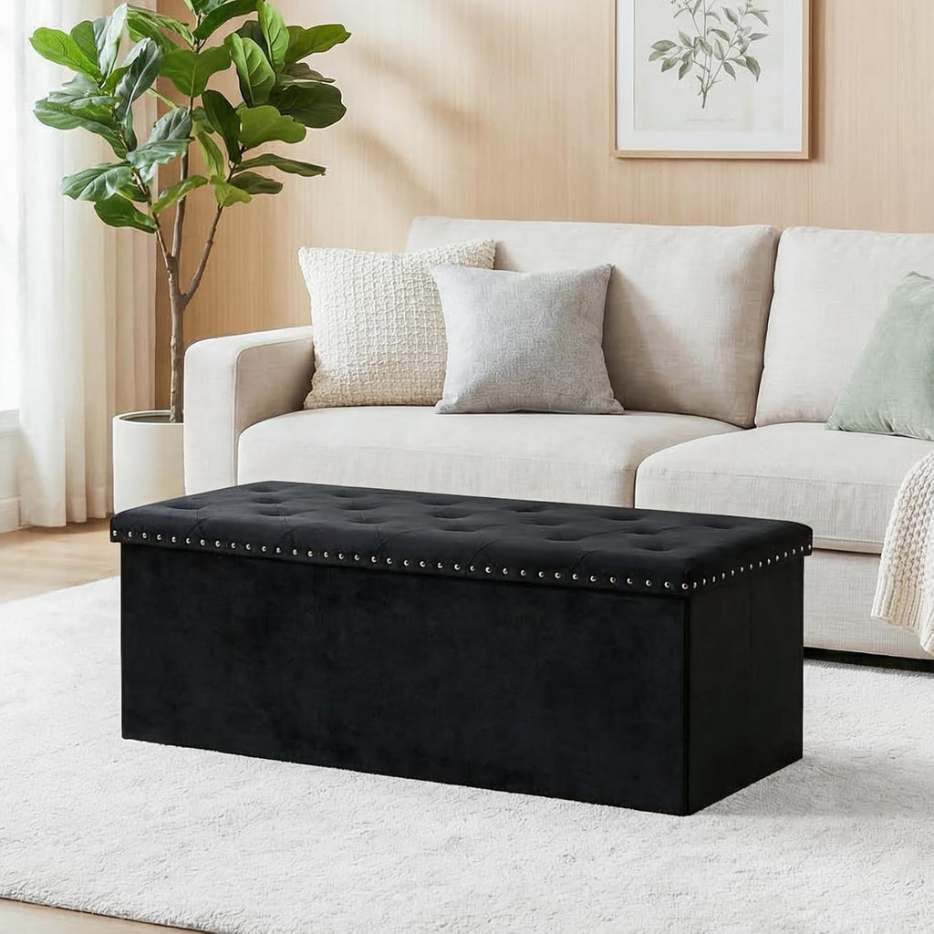 43 Inches Velvet Storage Ottoman Bench, Folding Upholstered Ottoman with Storage Living Room, 140L Capacity