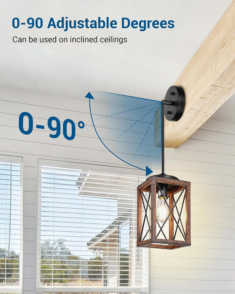 Farmhouse Pendant Light, Metal Hanging Light Fixture with Wooden Grain Finish, 48 Inch Adjustable Pipes for Flat and Slop Ceiling, Kitchen Island, Bedroom, Dining Hall, E26 Base