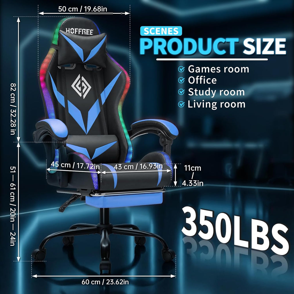 RGB Gaming Chair with Massage & Footrest Racing Style Computer Chair-Blue