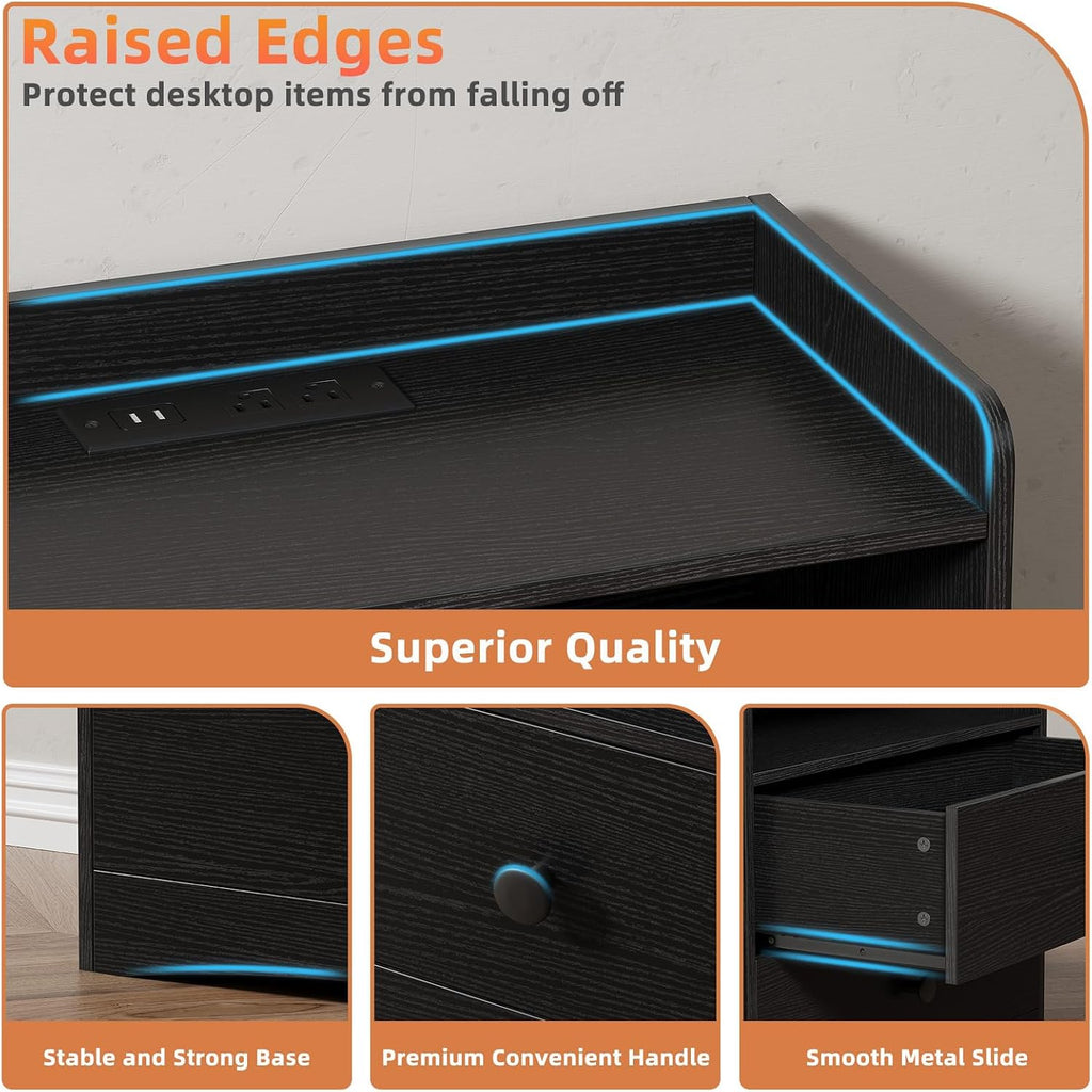 Nightstand with Charging Station and LED Light,Modern Nightstand with USB Ports and Outlets,Wooden Bedside Tables