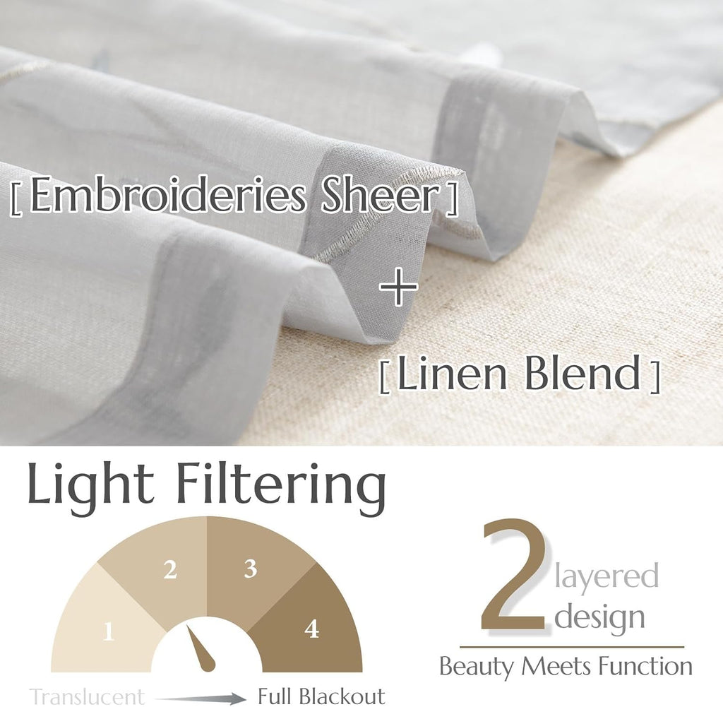 Linen Valance Sheer Double Layer Kitchen Window Curtain Leaf Embroidered Valance for Living Room Cafe Farmhouse Light