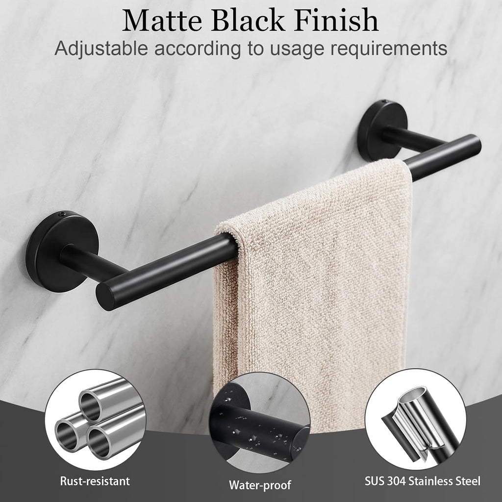 10-Piece Matte Black Bathroom Hardware Set, 16in SUS304 | Wall-mounted Towel Racks, Hand Towel Holder Decor
