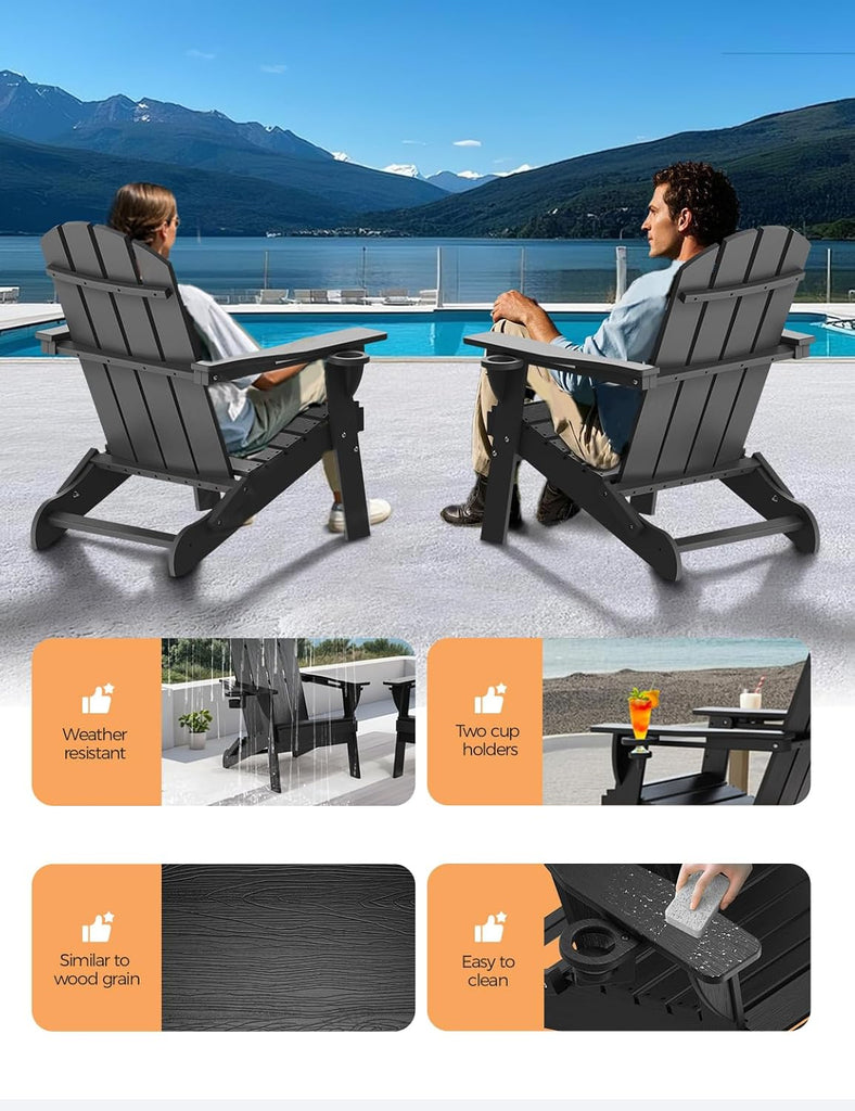 Folding Adirondack Chair, Wooden Textured Plastic Adirondack Chairs with 2 Cup Holder, Weather Resistant HDPE Fire