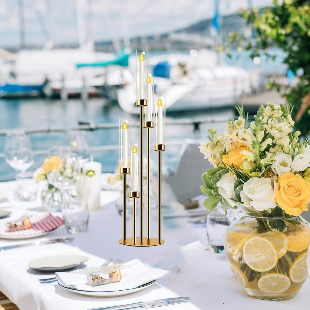 Candelabra Gold Centerpiece 5 Arms Taper Candle Holder Gold Centerpiece with Acrylic Tubes for Table Decoration
