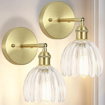 Hardwired wall sconces set of two, Gold Wall Lamp , ETL Listed | Clear Tulip Glass Shade, 90° Adjustable, Not Battery