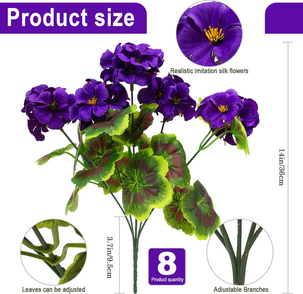 8 Pcs Geraniums Artificial Flowers for Outdoor Decor, Purple