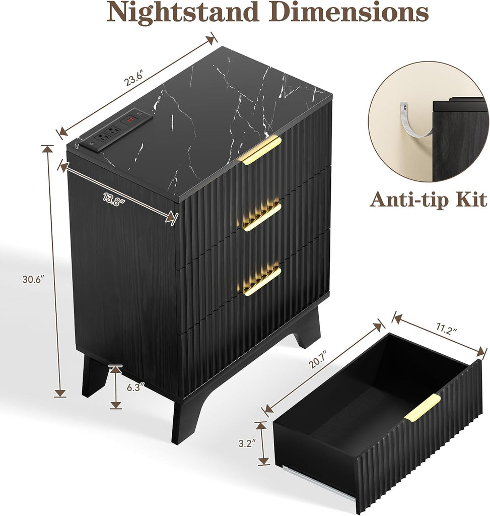 Black Fluted Nightstand Set of 2 with Charging Station, 3 Drawer Small Bedside Table, Faux Marble Top, 2 AC & Dual