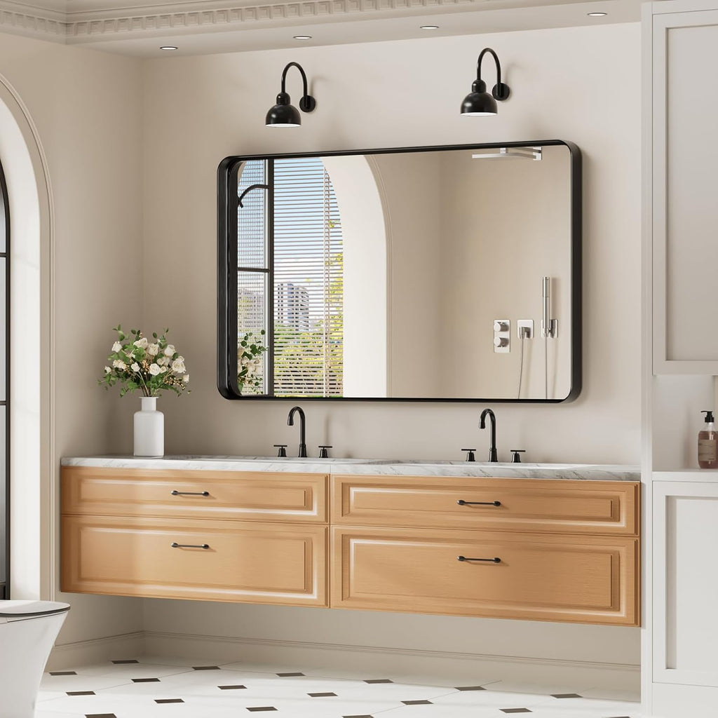Black Wall Mirror , 30x48 Inch Matte Deep Framed Rounded Rectangle Vanity Mirror for Farmhouse Living Room, Tempered