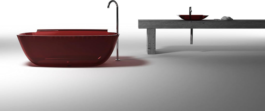 Vida 62 in Man Made Stone Round Flat Bottom Freestanding Bathtub in Translucent Deep Red, Luxury Colorful Soaking