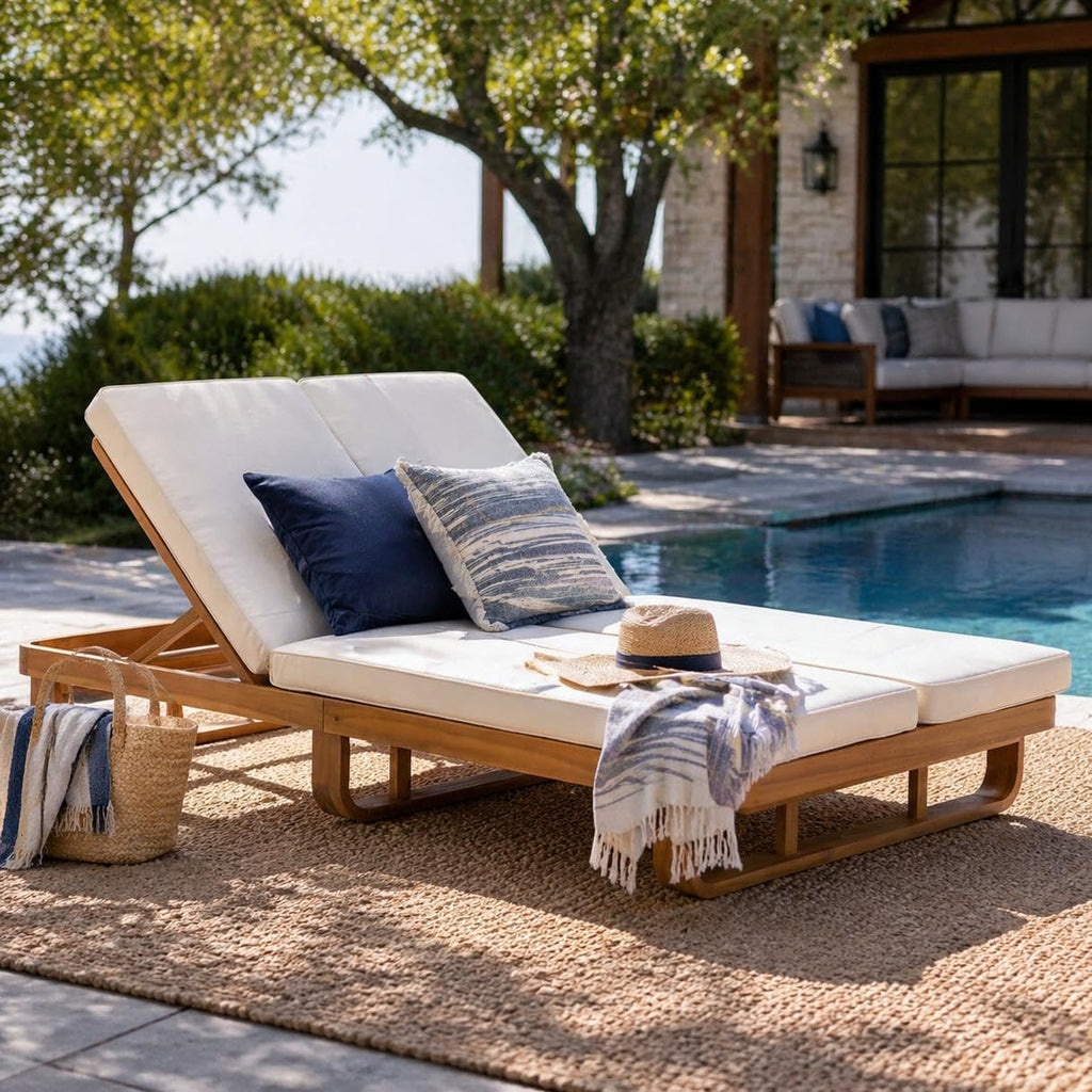 Double Acacia Wood Chaise Lounge with Dual Adjustable Backrests, Patio Outdoor Chaise Lounge with Cushions, Wooden